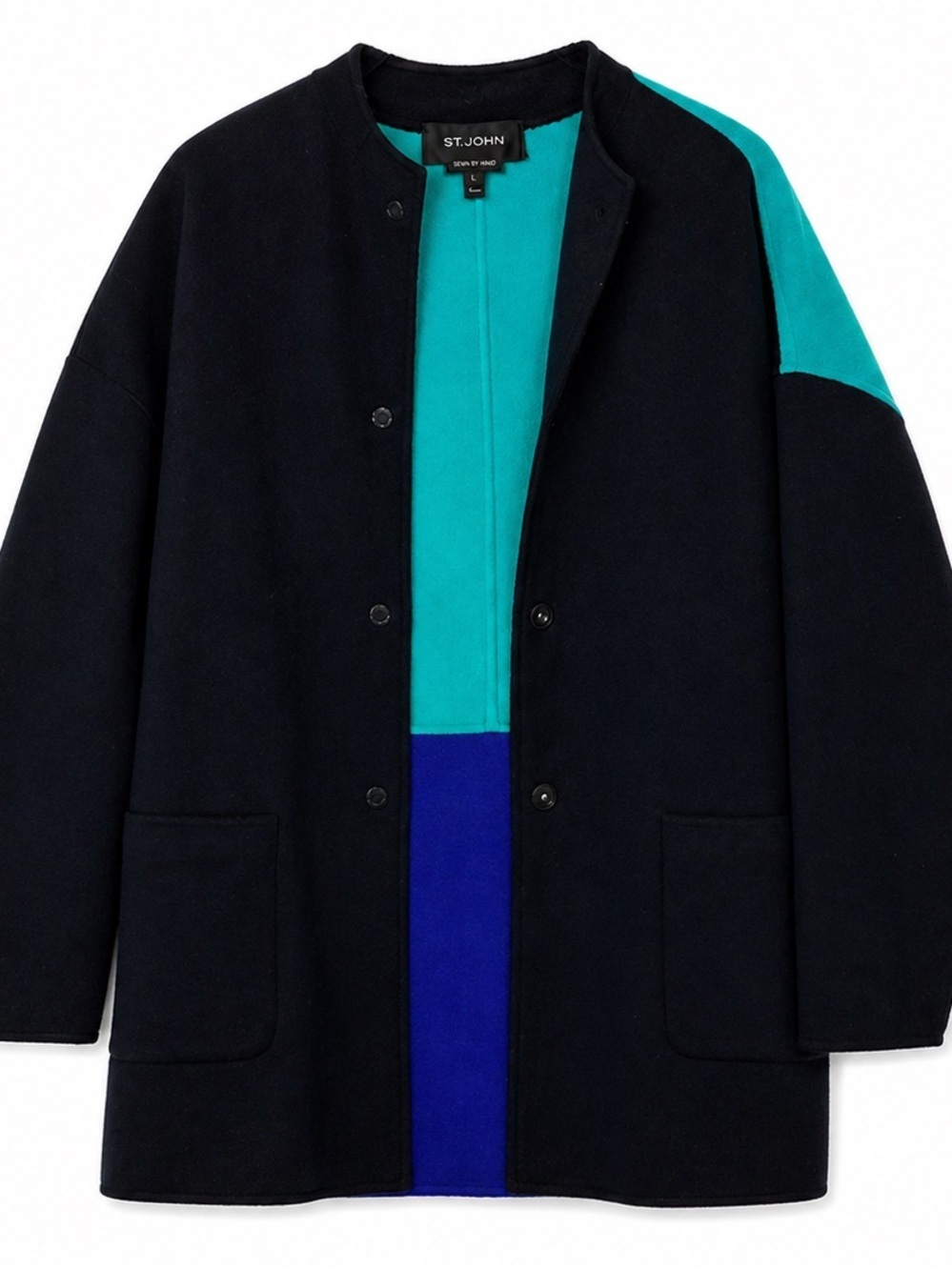 St John Knit Jacket L Colorblock Wool Angora Cashmere Coat Luxury Hand Sewn